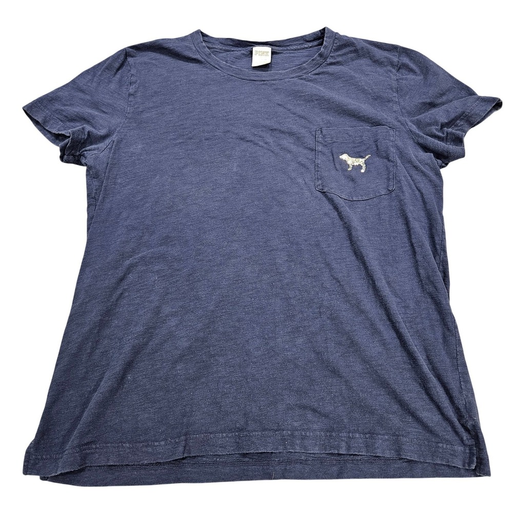 PINK Victoria's Secret Navy Blue Sequin Logo Pocket T-Shirt Large Short Sleeve